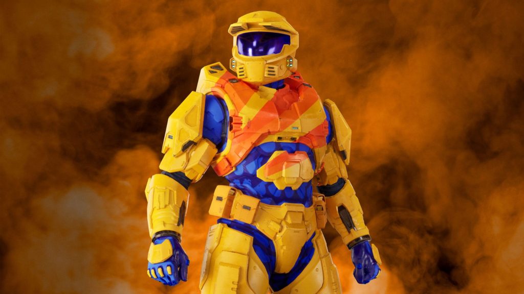animación de figura de videojuego HALO con armadura en tonos naranjas y amarillos
